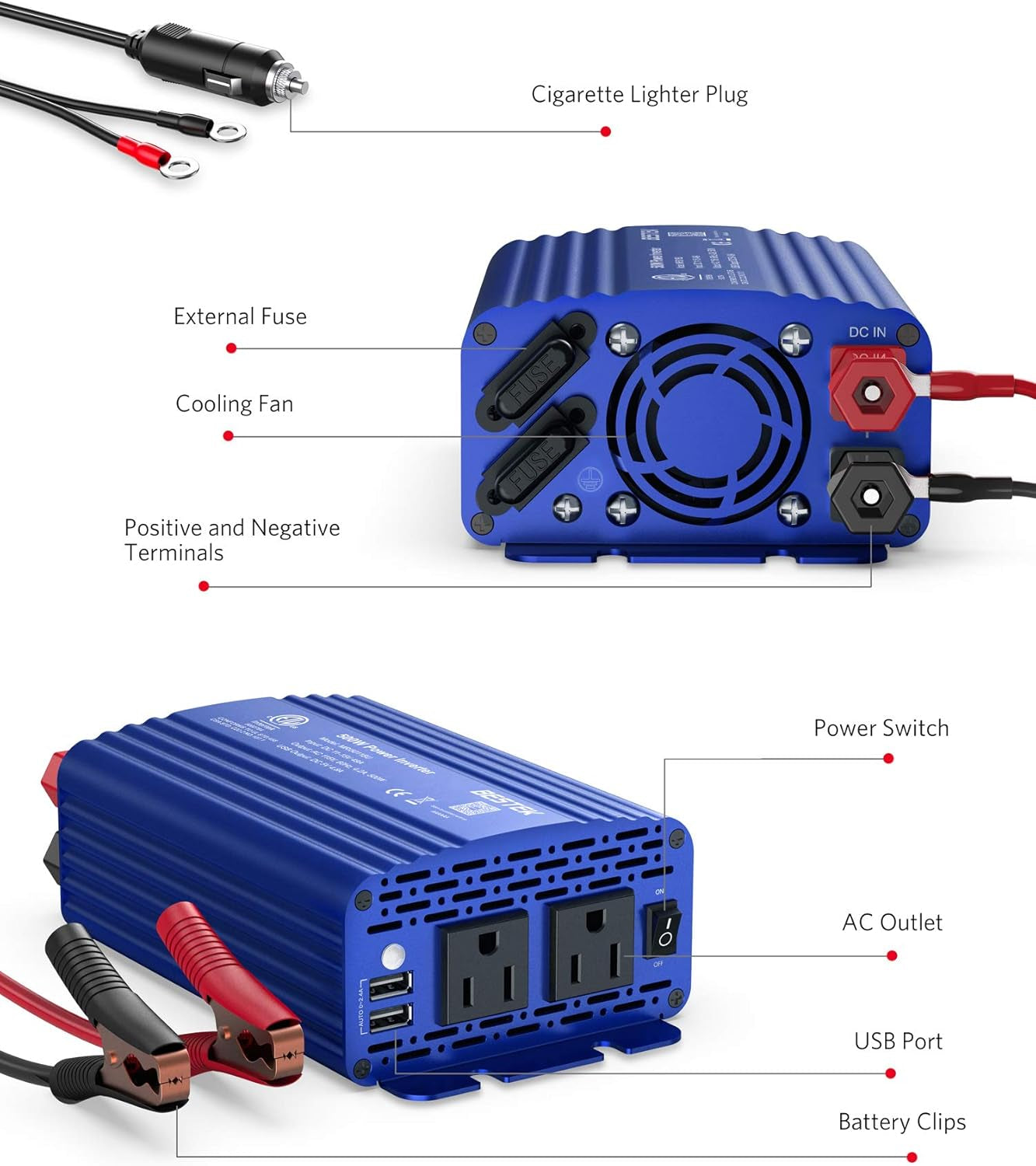 500W DC to AC Power Inverter 12V to 110V with 4.8A Dual USB Car Charger, ETL Listed (Blue)