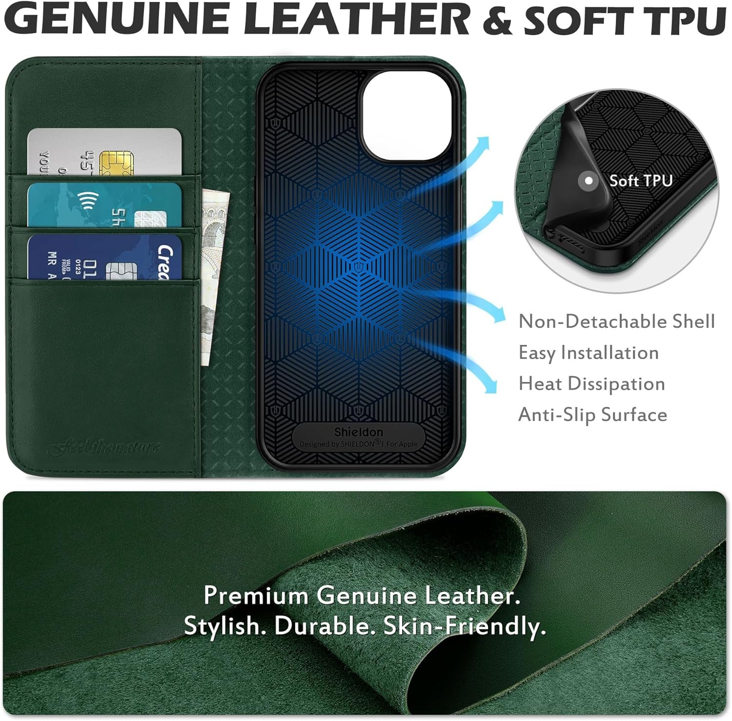 Genuine Leather Case Wallet for Iphone 13 6.1", Midnight Green | Folio Magnetic Closure, RFID Blocking, Credit Card Holder, Kickstand, Shock Absorbing Protective Cover