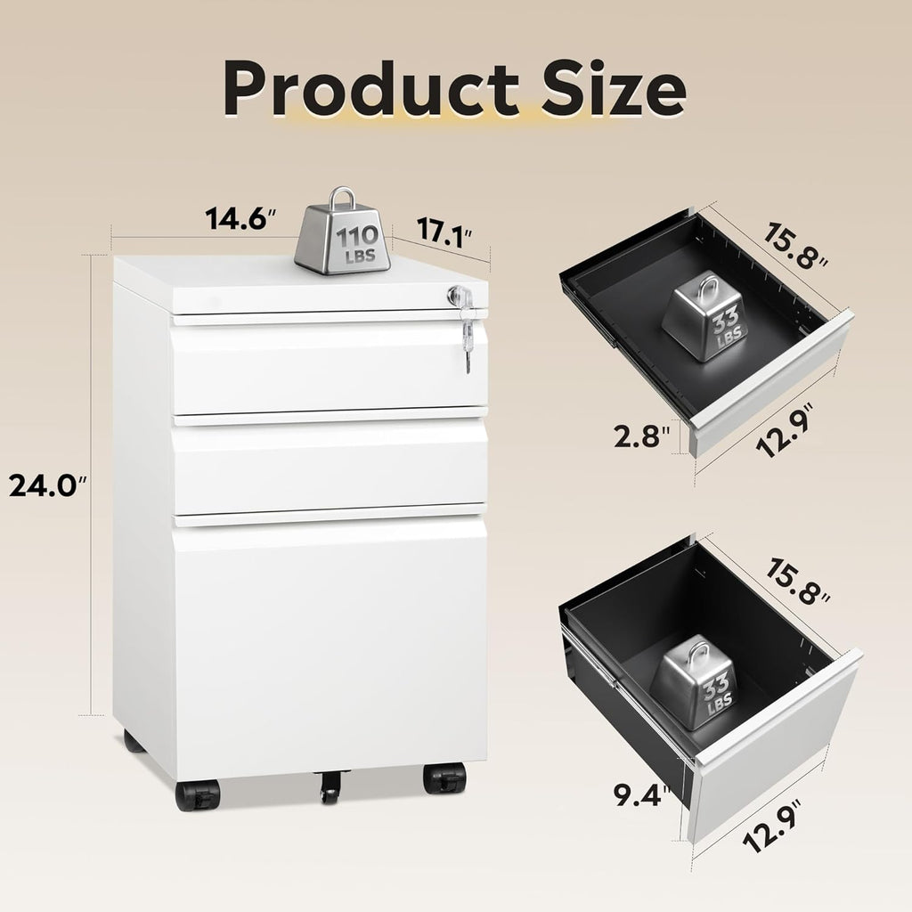 3-Drawer Mobile File Cabinet (Under Office Desk), Assembled except Casters, Fits Letter/Standard Sizes, White