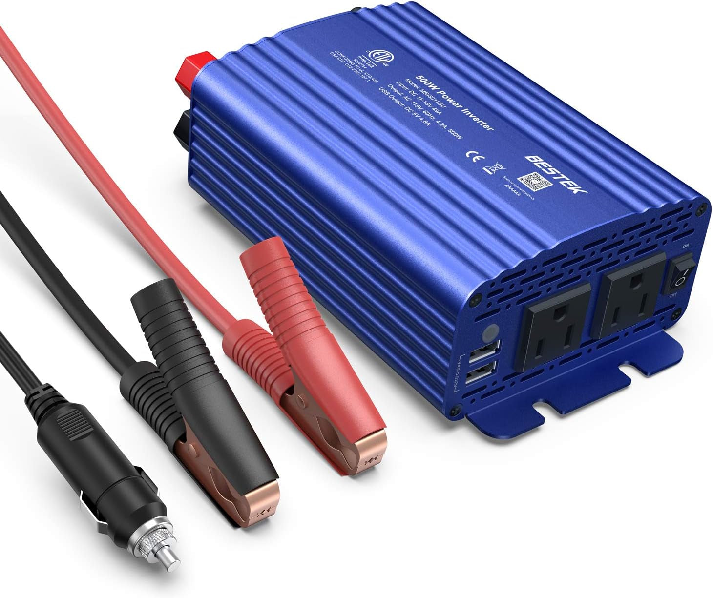 500W DC to AC Power Inverter 12V to 110V with 4.8A Dual USB Car Charger, ETL Listed (Blue)