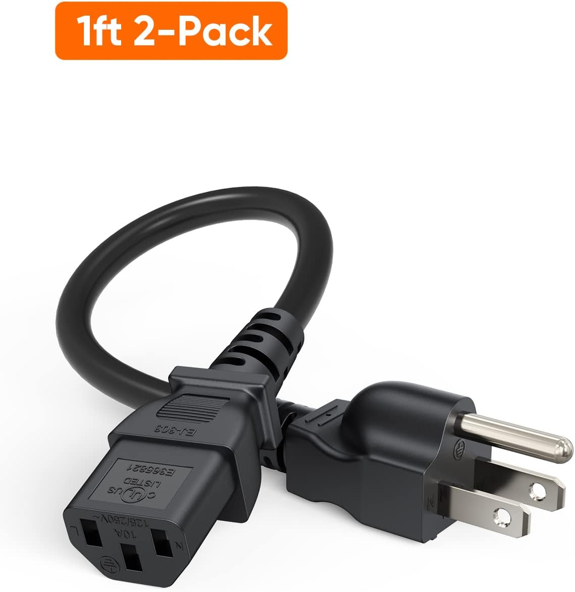 2-Pack 1 Foot NEMA 5-15P to IEC 320 C13 Universal Power Cord | 18 AWG Standard Computer Power Adapter Cord, UPS Power Cord, SJT Cord, Black, 0.3 Meters