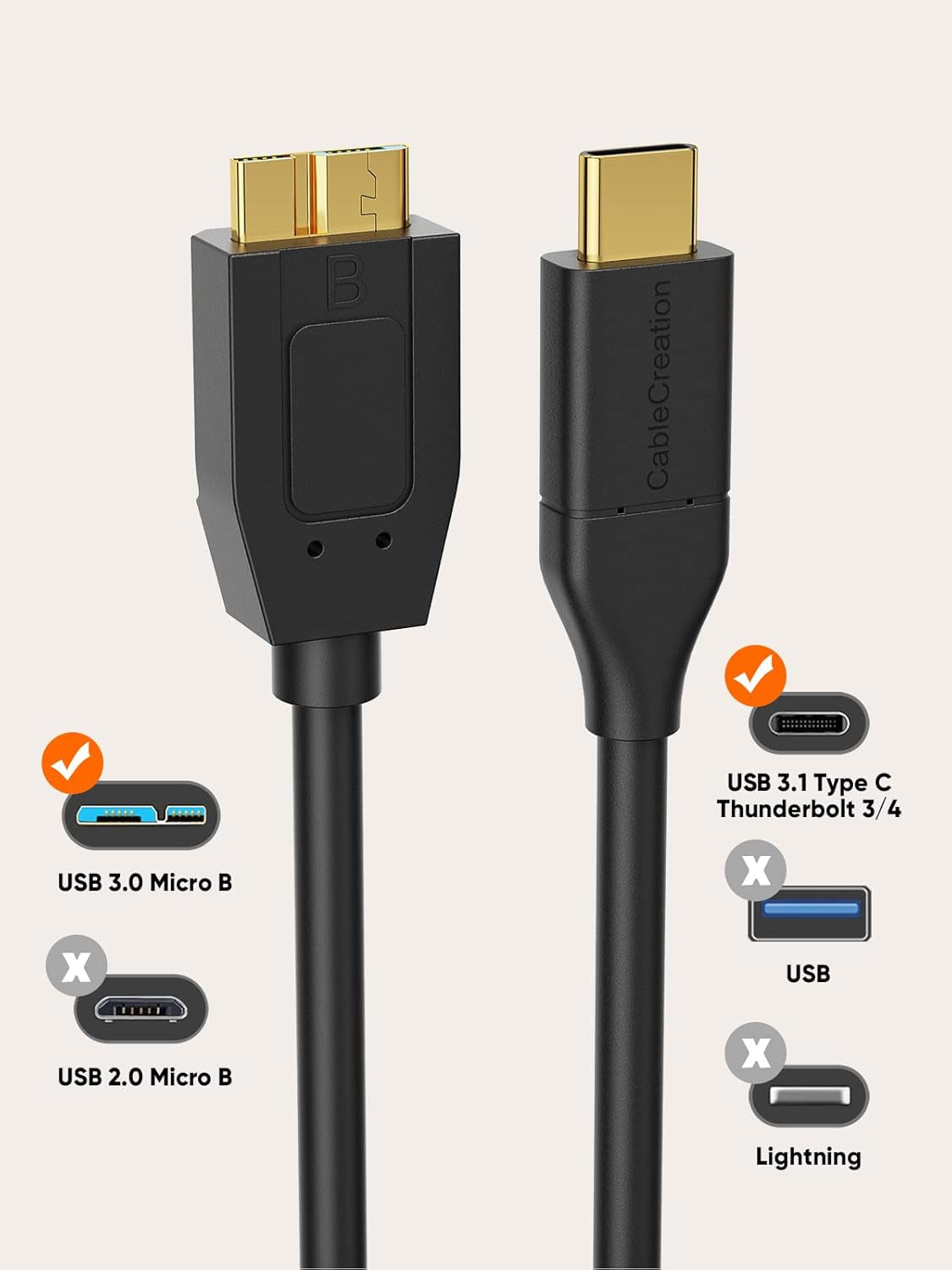 USB C 3.1 Type C to Micro B Hard Drive Cable for Iphone/Laptop/Camera | 10Gbps High Speed / anti Tear Braided Cable/ 1Ft~4Ft/ for Seagate WD Westgate Lacie My Password/Thunderbolt 3 Compatible