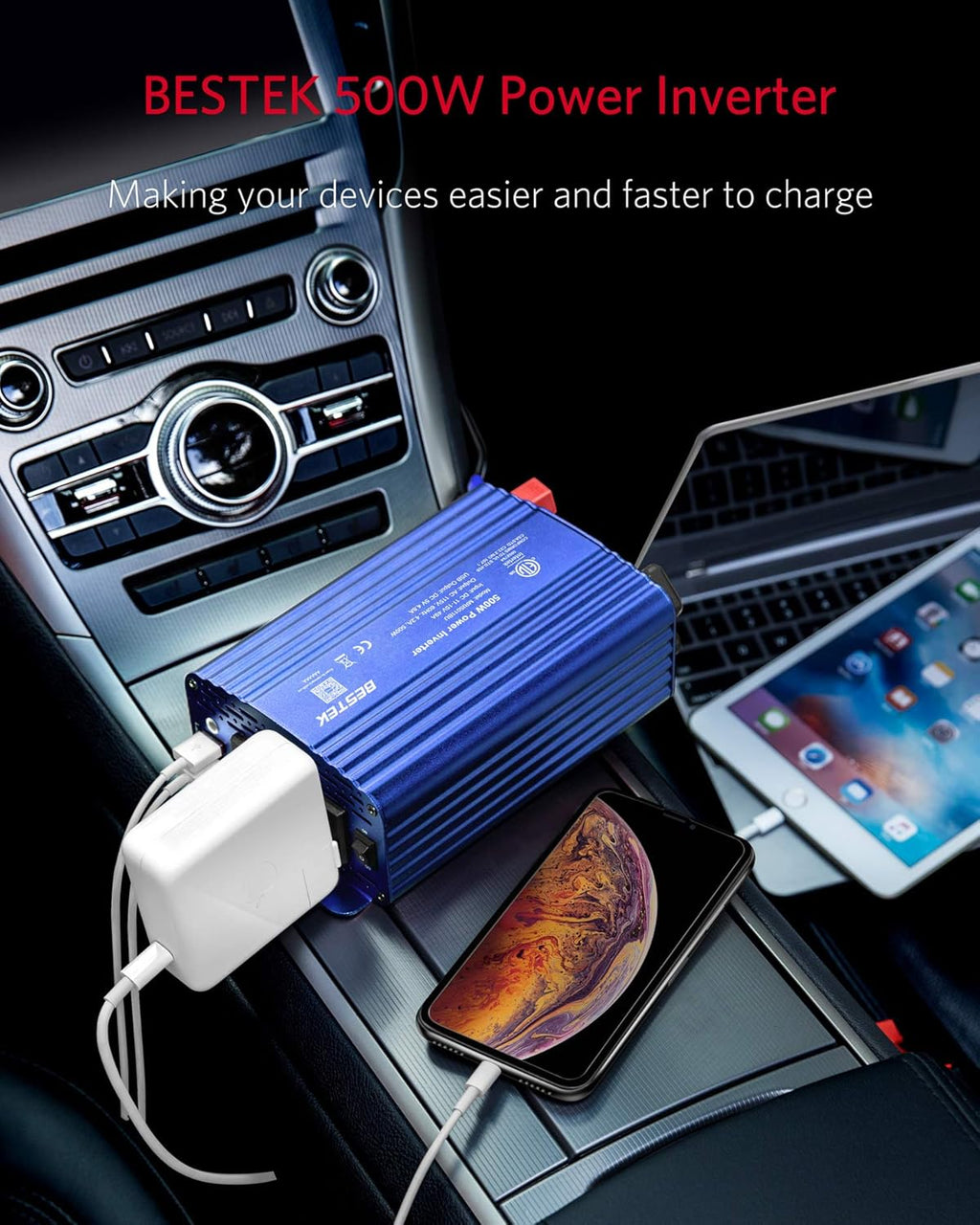 500W DC to AC Power Inverter 12V to 110V with 4.8A Dual USB Car Charger, ETL Listed (Blue)