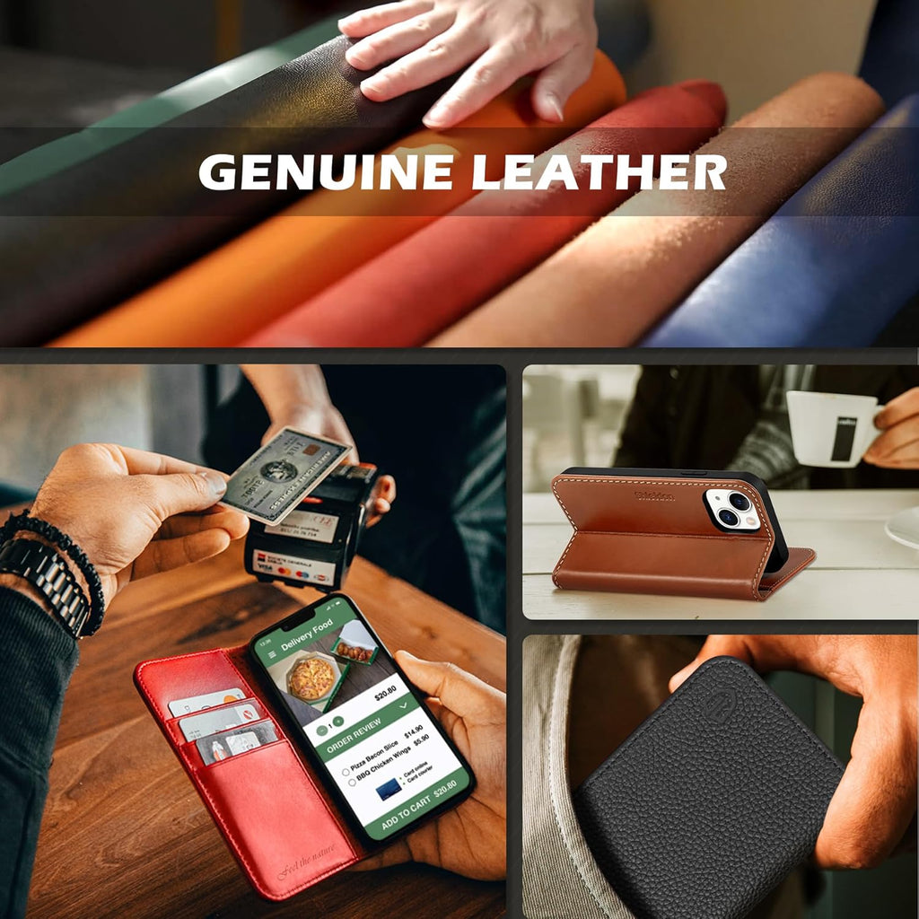 Genuine Leather Case Wallet for Iphone 13 6.1", Midnight Green | Folio Magnetic Closure, RFID Blocking, Credit Card Holder, Kickstand, Shock Absorbing Protective Cover