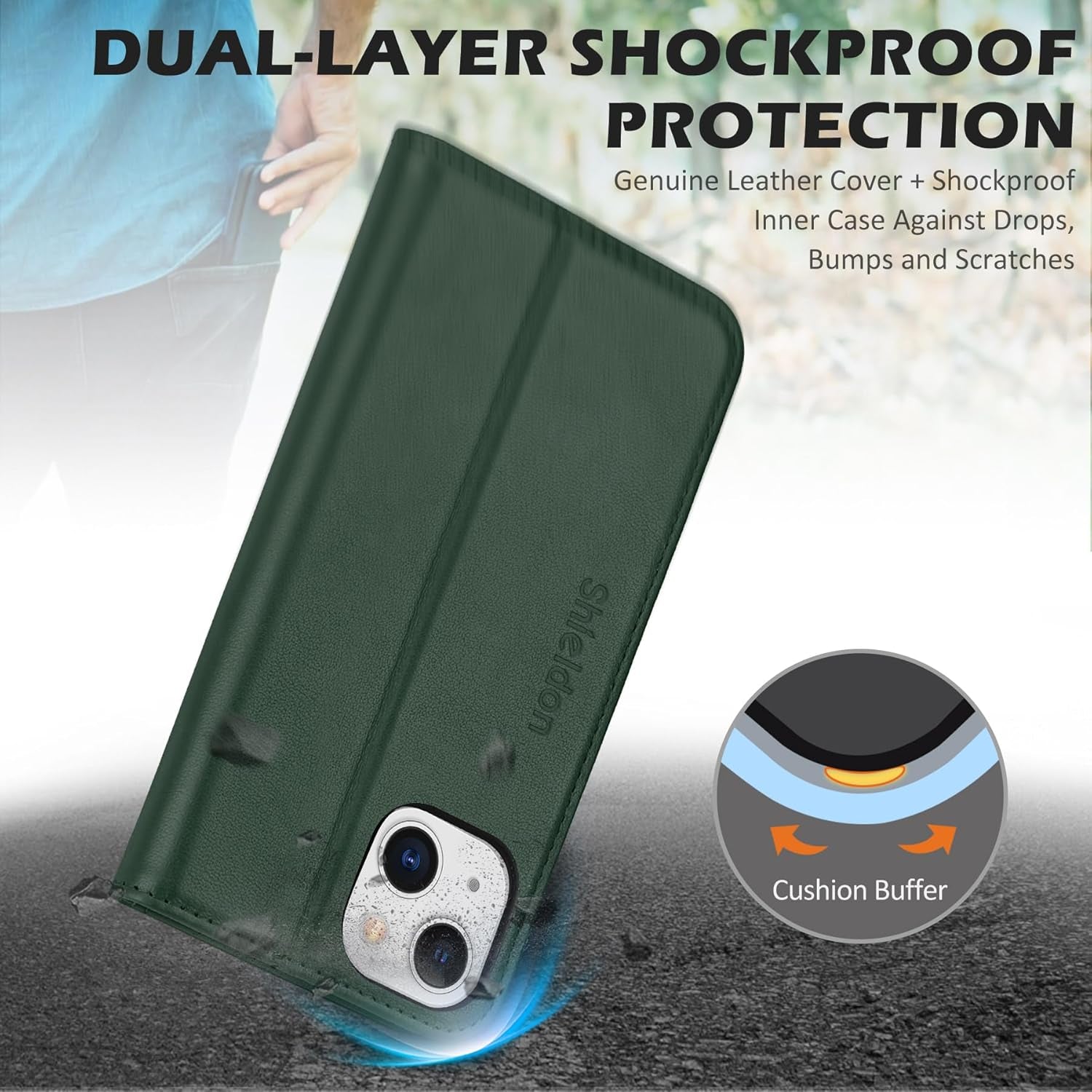 Genuine Leather Case Wallet for Iphone 13 6.1", Midnight Green | Folio Magnetic Closure, RFID Blocking, Credit Card Holder, Kickstand, Shock Absorbing Protective Cover