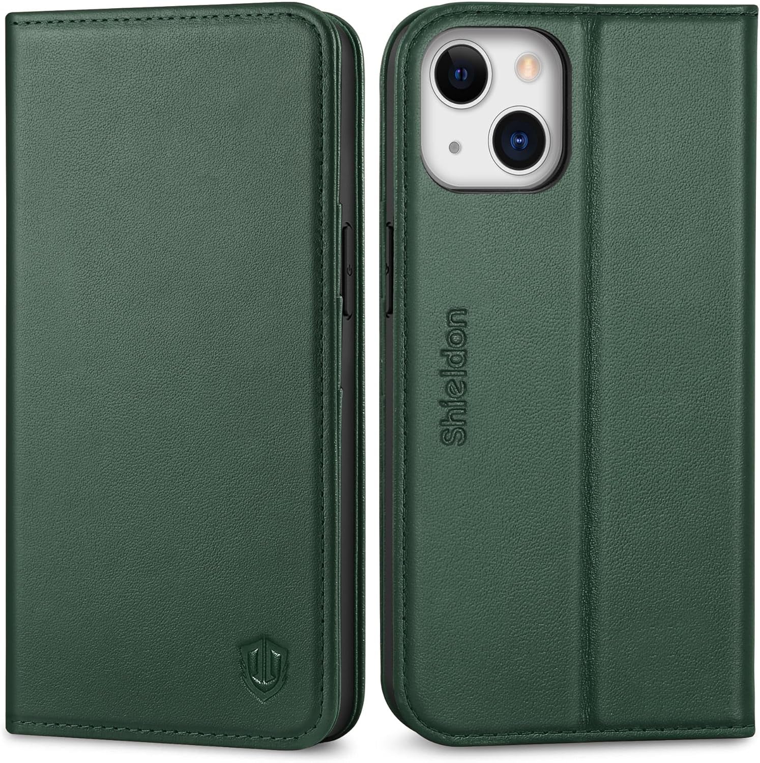 Genuine Leather Case Wallet for Iphone 13 6.1", Midnight Green | Folio Magnetic Closure, RFID Blocking, Credit Card Holder, Kickstand, Shock Absorbing Protective Cover