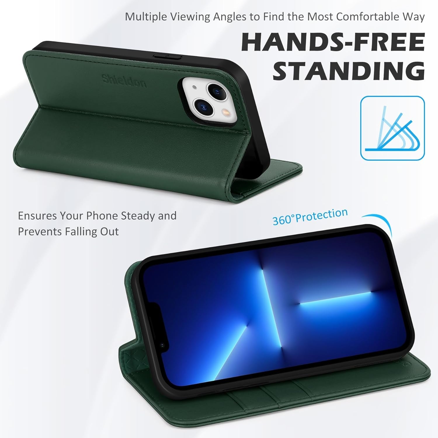 Genuine Leather Case Wallet for Iphone 13 6.1", Midnight Green | Folio Magnetic Closure, RFID Blocking, Credit Card Holder, Kickstand, Shock Absorbing Protective Cover