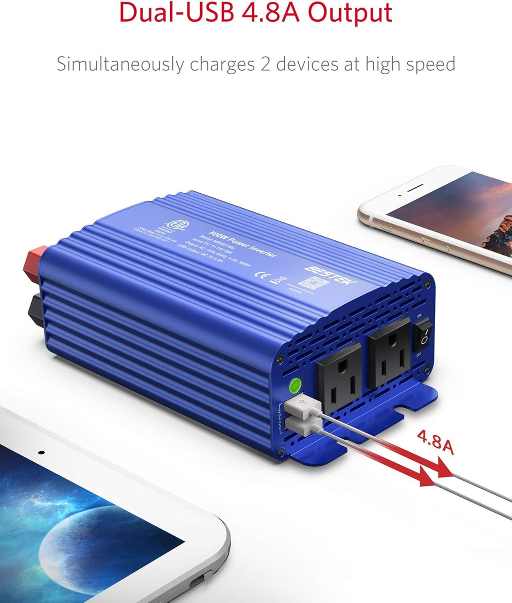 500W DC to AC Power Inverter 12V to 110V with 4.8A Dual USB Car Charger, ETL Listed (Blue)
