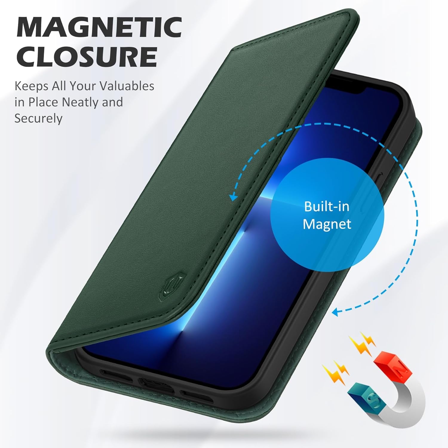 Genuine Leather Case Wallet for Iphone 13 6.1", Midnight Green | Folio Magnetic Closure, RFID Blocking, Credit Card Holder, Kickstand, Shock Absorbing Protective Cover