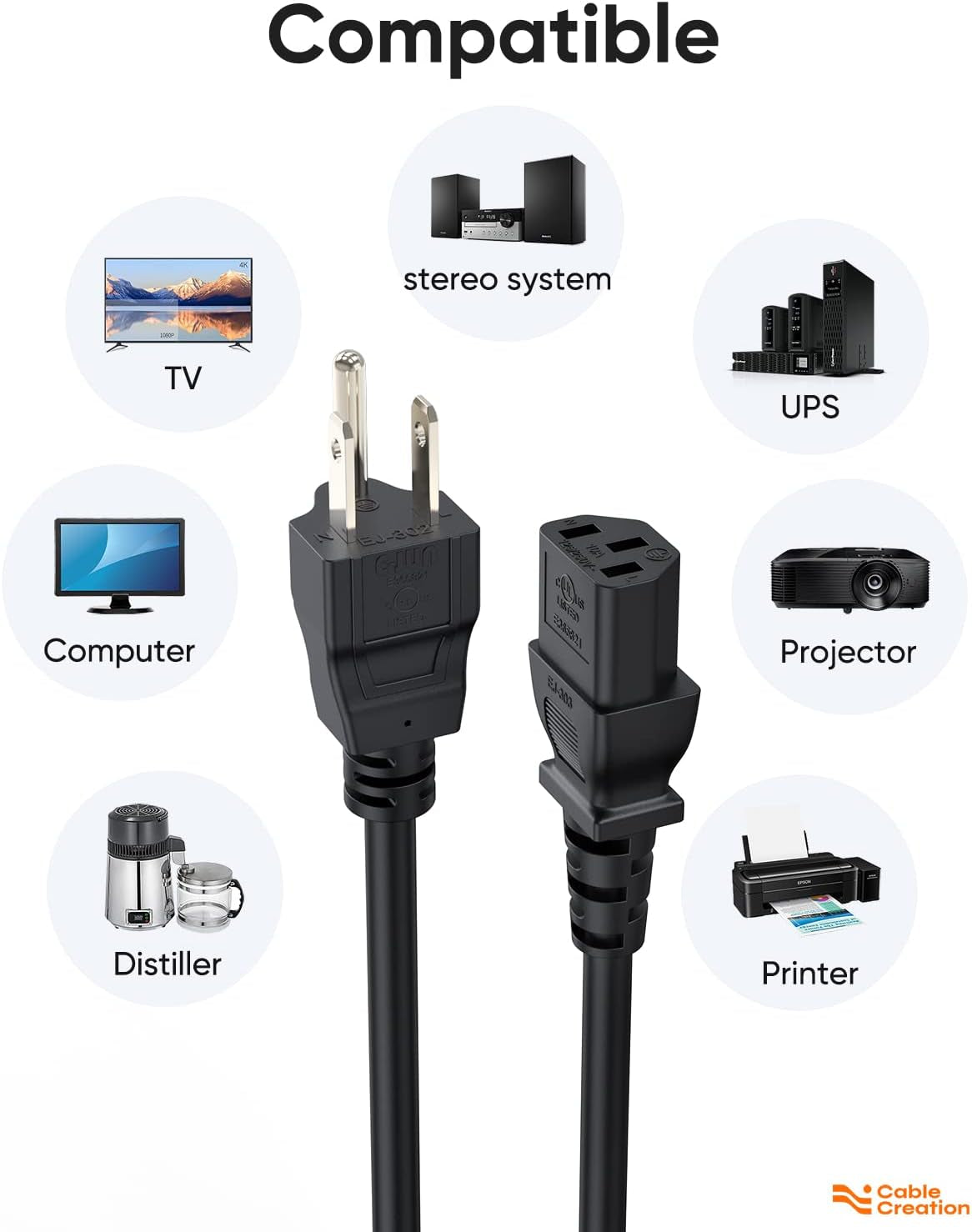 2-Pack 1 Foot NEMA 5-15P to IEC 320 C13 Universal Power Cord | 18 AWG Standard Computer Power Adapter Cord, UPS Power Cord, SJT Cord, Black, 0.3 Meters