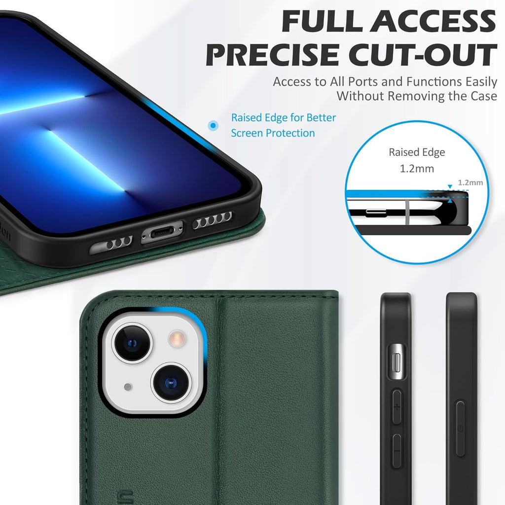 Genuine Leather Case Wallet for Iphone 13 6.1", Midnight Green | Folio Magnetic Closure, RFID Blocking, Credit Card Holder, Kickstand, Shock Absorbing Protective Cover
